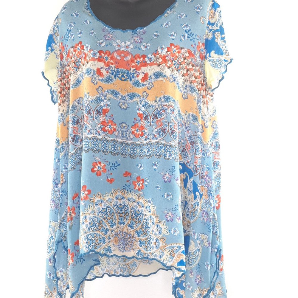 ❤️ Love Kyla Vintage Short Sleeve Blue & Yellow Summer Sheer lightweight Top